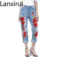new women high waist embroider flowers jeans sexy ripped pencil stretch denim pants female slim skinny trousers jeans 2126