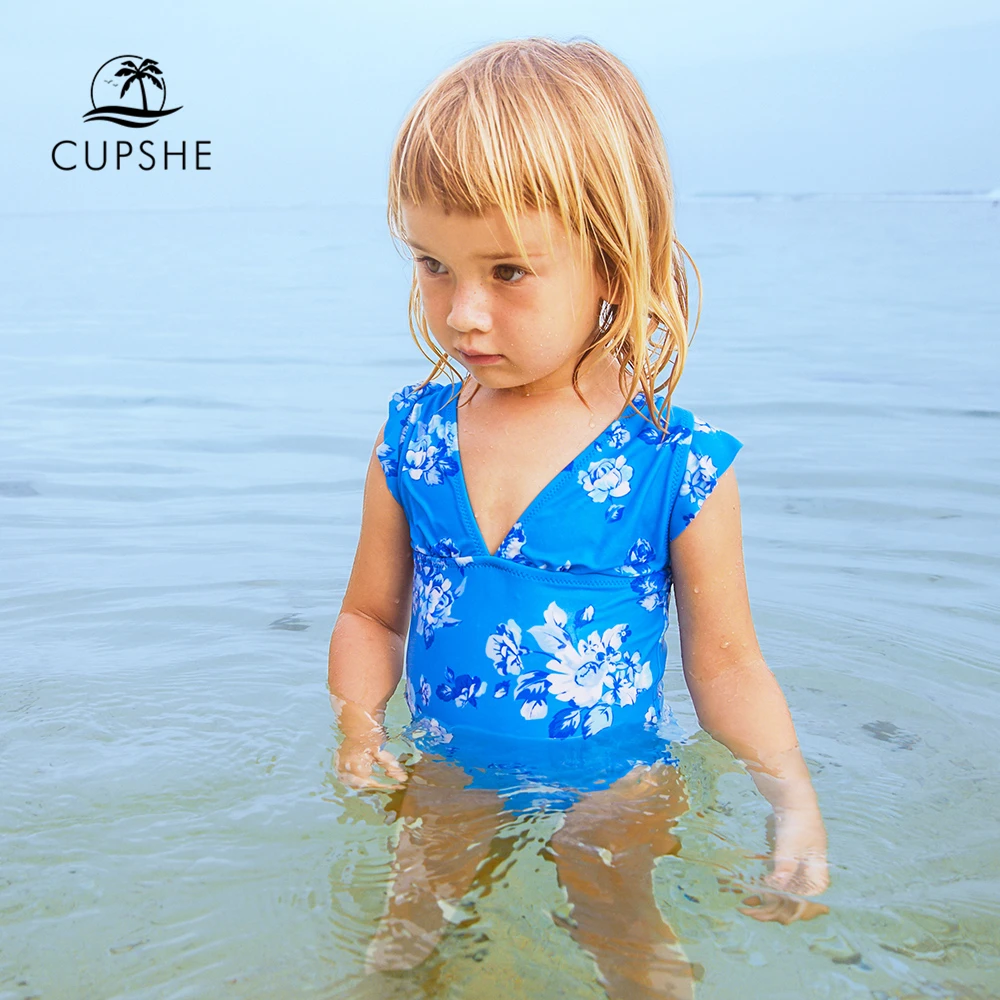 CUPSHE/детский голубой цельный купальный костюм с цветочным принтом для маленьких