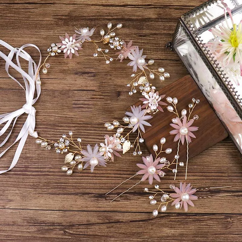 FORSEVEN розовая цветочная свадебная лента для волос с искусственным жемчугом