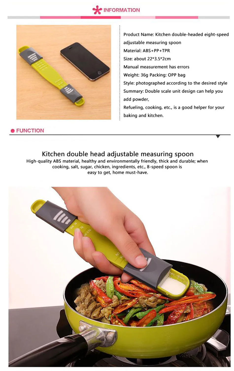 1pc Green Adjustable Measuring Spoon Kitchen Baking Amount Spoon With Scale Double Head Nine Files Milk Powder Coffee Powder