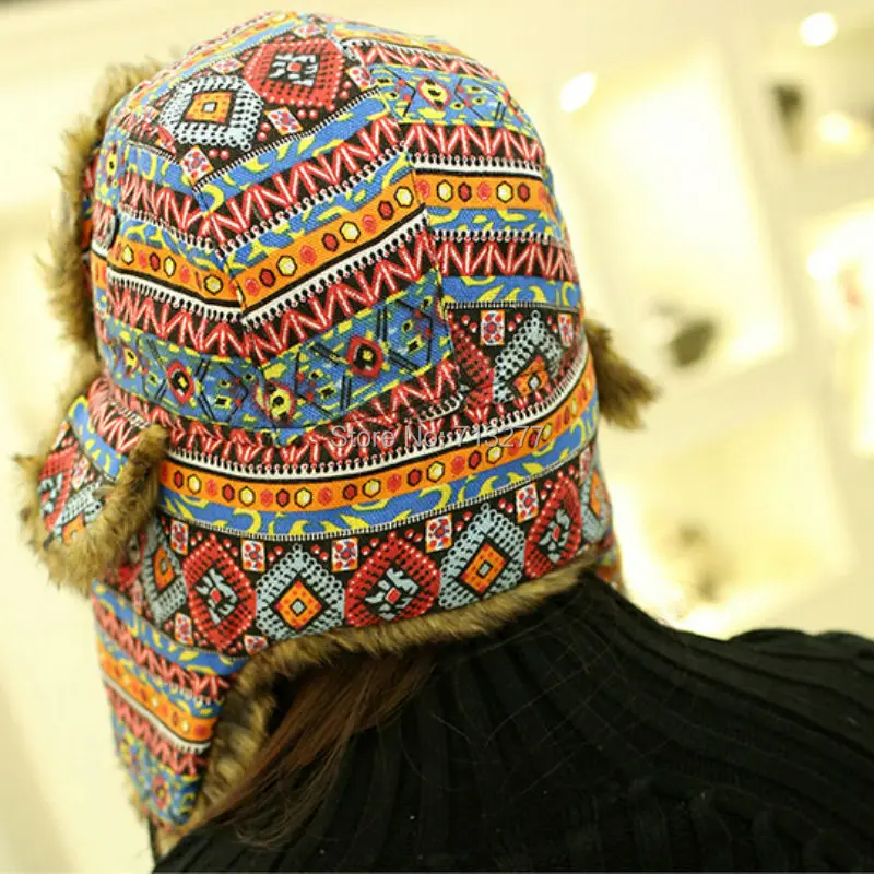 

HT419 2019 New Fashion Women Printed Colorful Ear Flap Hat Warm Winter Russian Hat Ladies Ear Protect Trooper Trapper Hat
