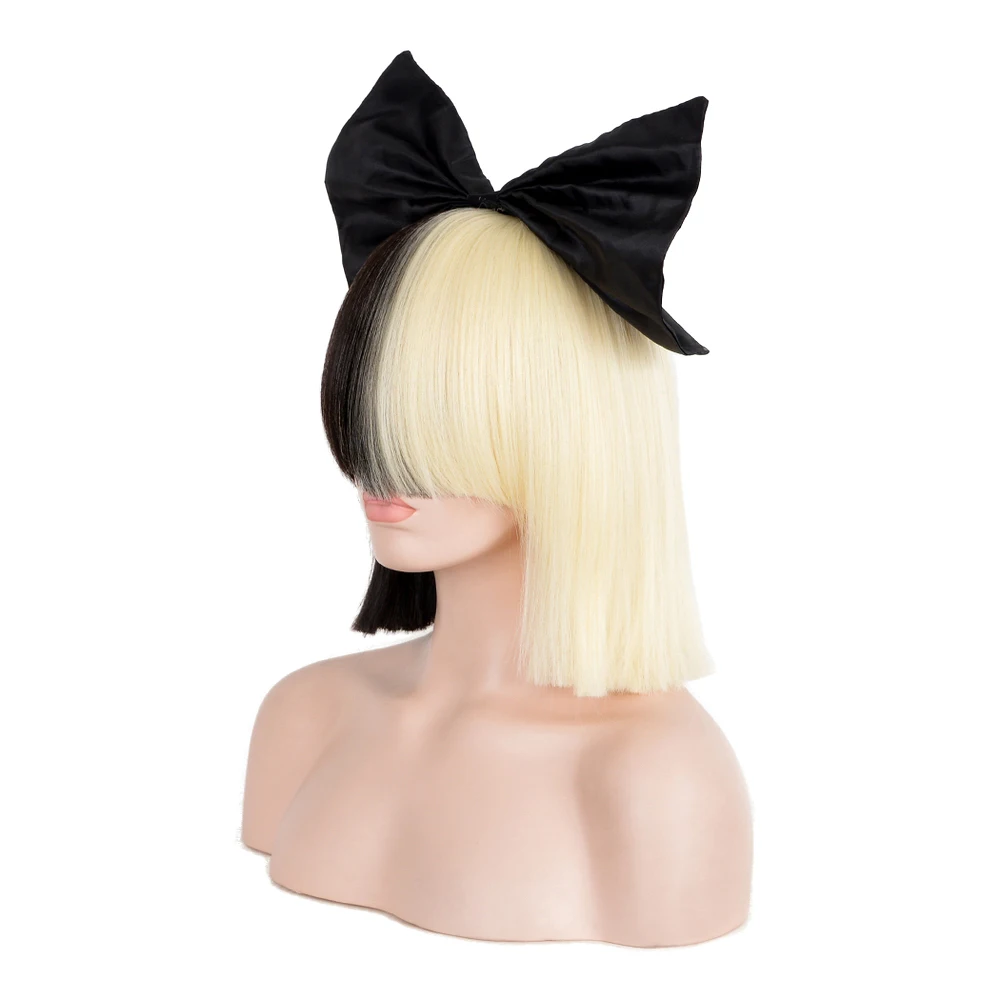 35cm SIA Anime Synthetic Hair Half Black and Blonde Ombre Short Straight Flat Bangs Heat Resistant Cosplay Full Wigs For Women