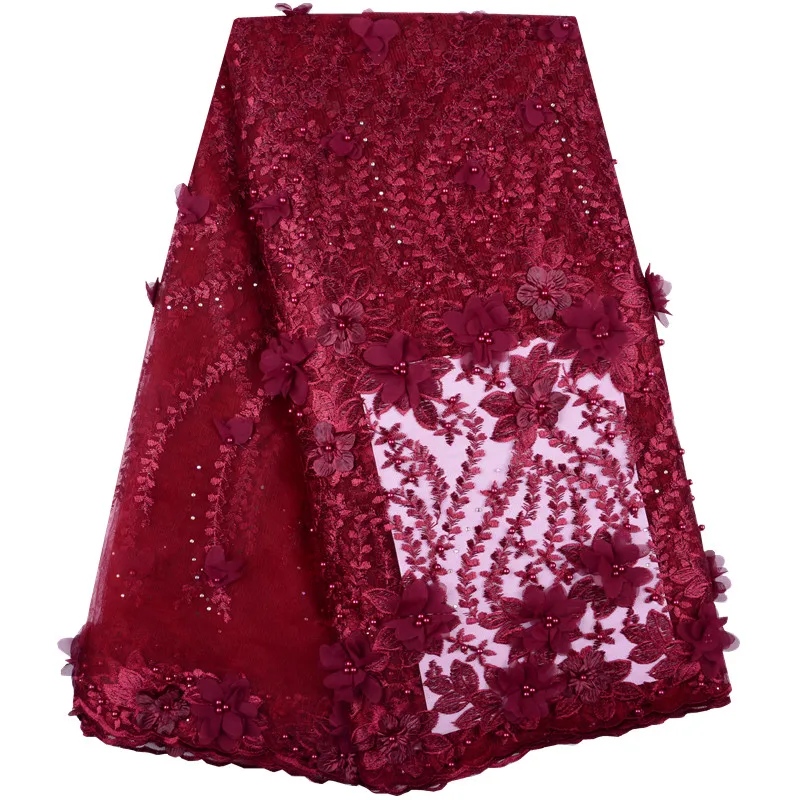 

2019 Wine Embroidery Mesh Tulle Lace Fabric 3D Flower Beaded African Lace Fabrics Wholesale For Wedding Party Dress S1400