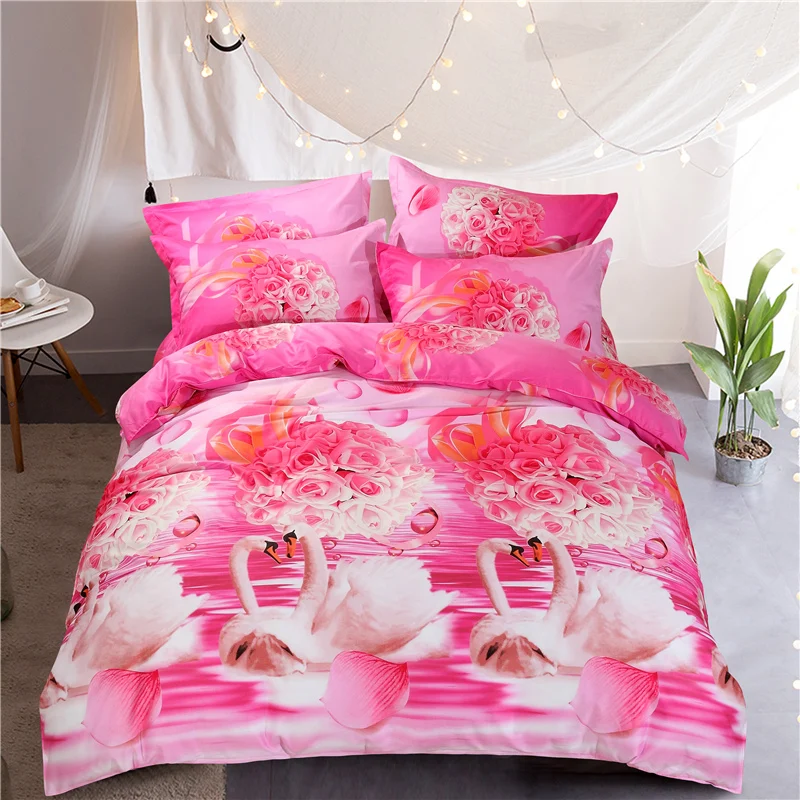 100% Cotton 3D Rose Printing Duvet Cover Bed Sheet Pillowcases Home Bedding 4pcs Queen for Adults Red Blue SMN1 | Дом и сад