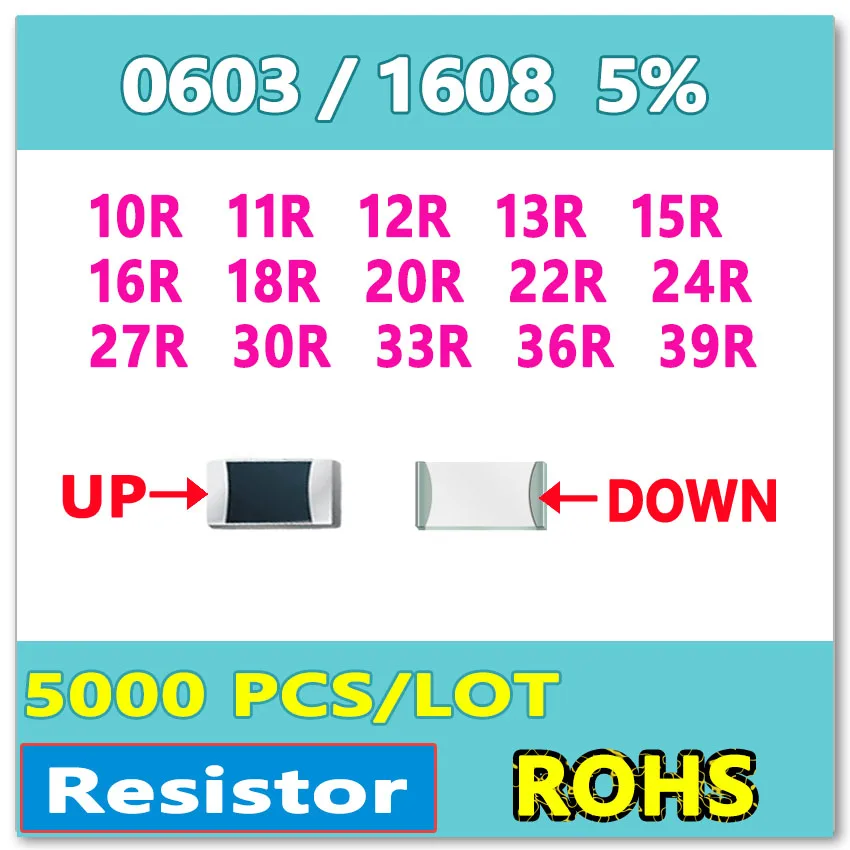 JASNPROSMA 0603 J 5% 5000 шт. 10R 11R 12R 13R 15R 16R 18R 20R 22R 24R 27R 30R 33R 36R 39R smd 1608 высококачественный Ом