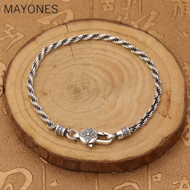 

3mm width 925 Sterling Silver Braided Rope Chain Bracelets Tibetan Buddhism Mantra Six Words And Vajra Engraved Prayer Jewelry