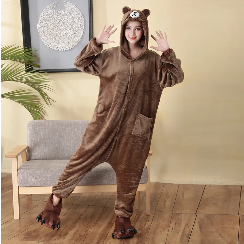 Фланелевый плюшевый мультяшный коричневый медведь взрослая Пижама Onesie