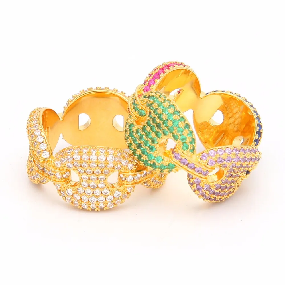 Хип-хоп AAA CZ Циркон проложенный Bling Iced Out кофе кольцо "бобы" Морской звено цепи кубический циркон кольцо для мужчин женщин ювелирные изделия Прямая поставка
