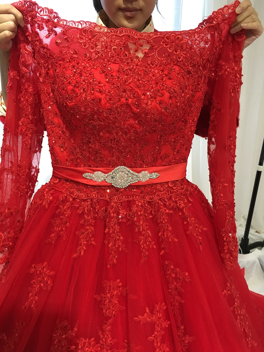 Красное свадебное платье с длинным рукавом и открытыми плечами|vestido de noiva princesa|noiva