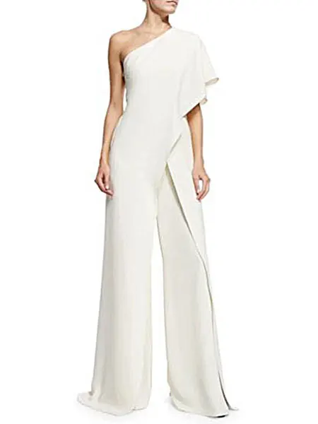 White Long Jumpsuit One Shoulder Short Sleeve Asymmetrical Wide Leg For Women's. | Женская одежда