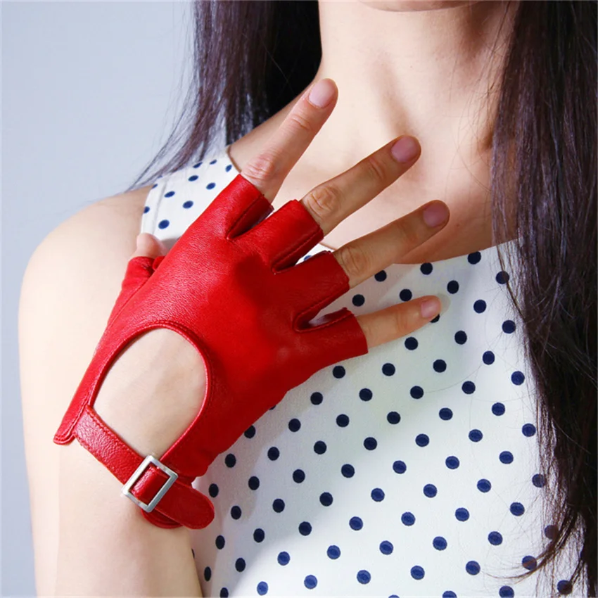 

2019 Women Leather Half Finger Gloves Red Silver Square Buckle Ultra-Thin Pure Sheepskin Fingerless Short Spring Summer TB88-1