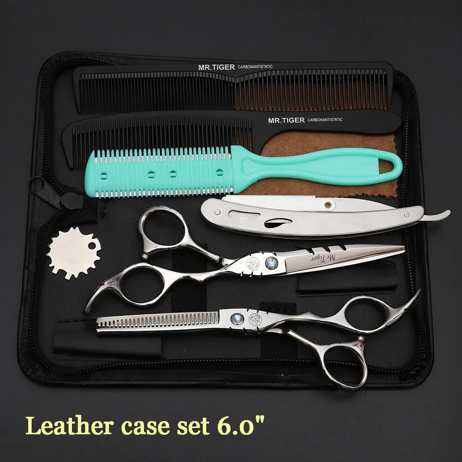 leather case set Япония Сталь 5,5 6,0 Профессиональный Парикмахерские ножницы набор ножниц для парикмахерской стрижки ножницы, ножницы стрижка - Цвет: leather case set