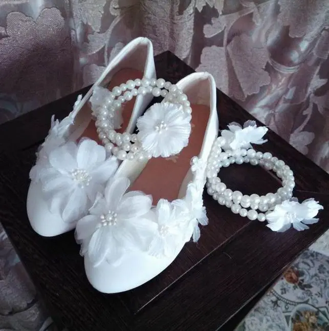 

White lace flowers romantic female woman's wedding flats shoes lady flower girl bridesmaid ankle beading strap wedding shoes