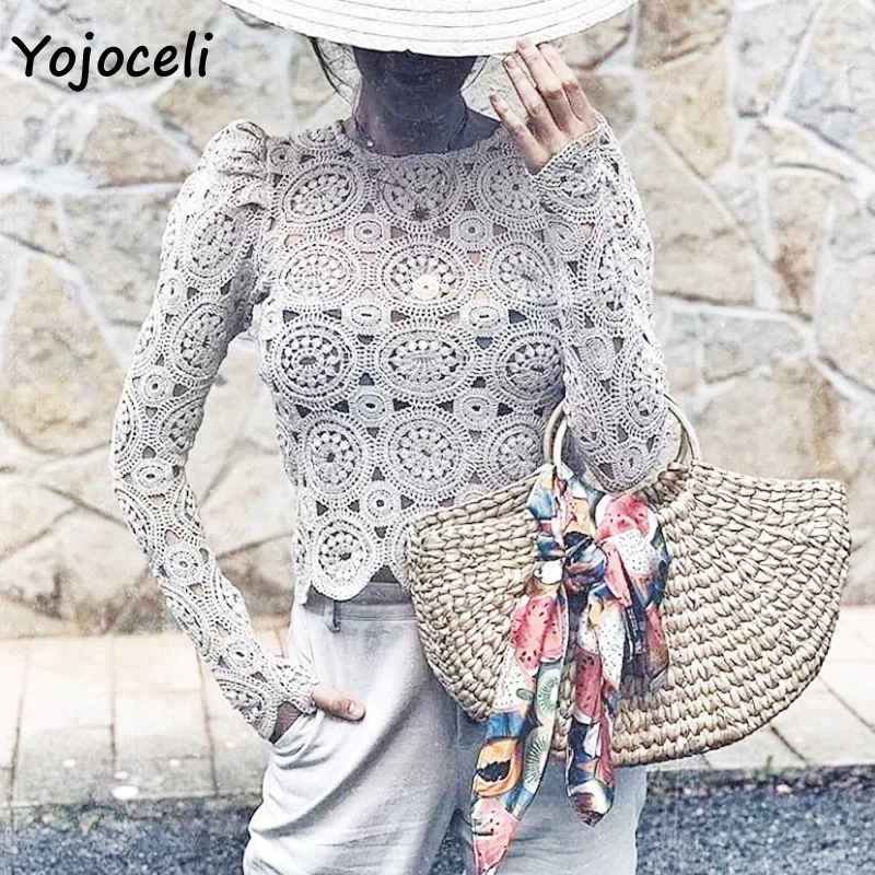 Yojoceli,, летние кружевные вязанные крючком блузки, рубашки, топы для женщин, с цветочным узором, вязанные крючком рубашки, блузы, рубашки, уличная одежда