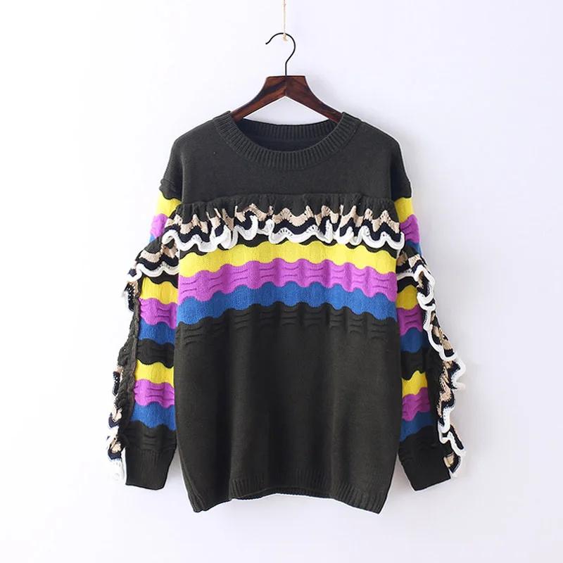 Fashion Hit Color Sweater Women Patchwork Ruffles Edge Round Neck Knitting Jumper Female Casual Loose Red Blue Pullover | Женская одежда