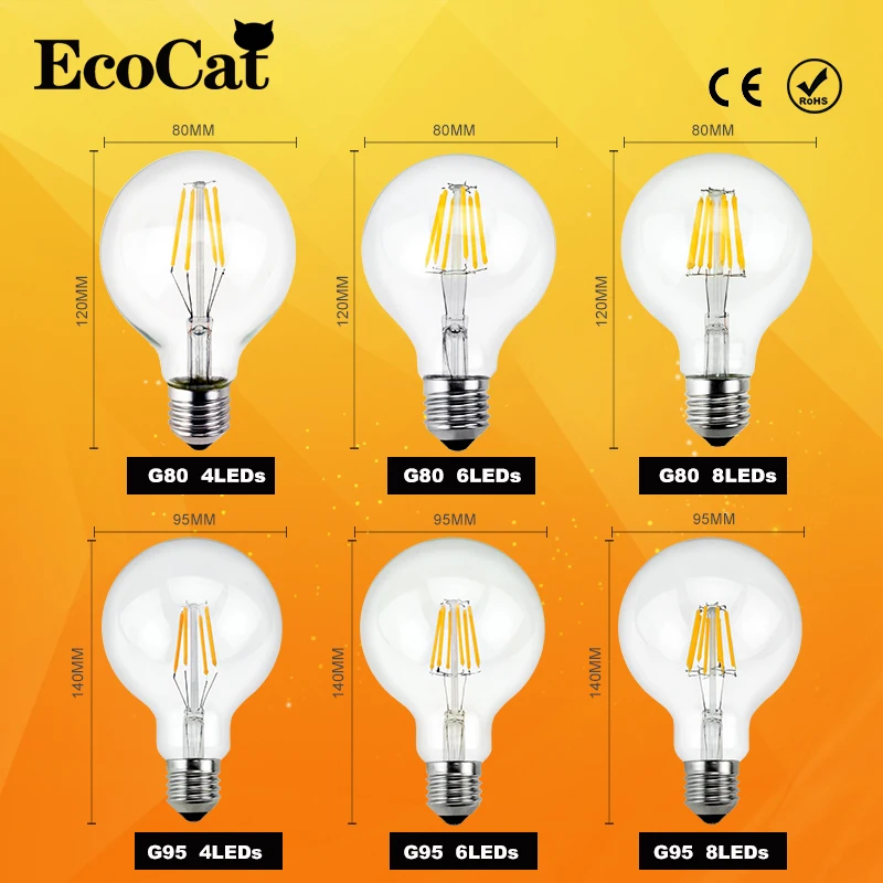 Светодиодная лампа Эдисона E27 220V A60 G45 G80 G95 240V антикварная ретро винтажная 2W 4W 6W 8W