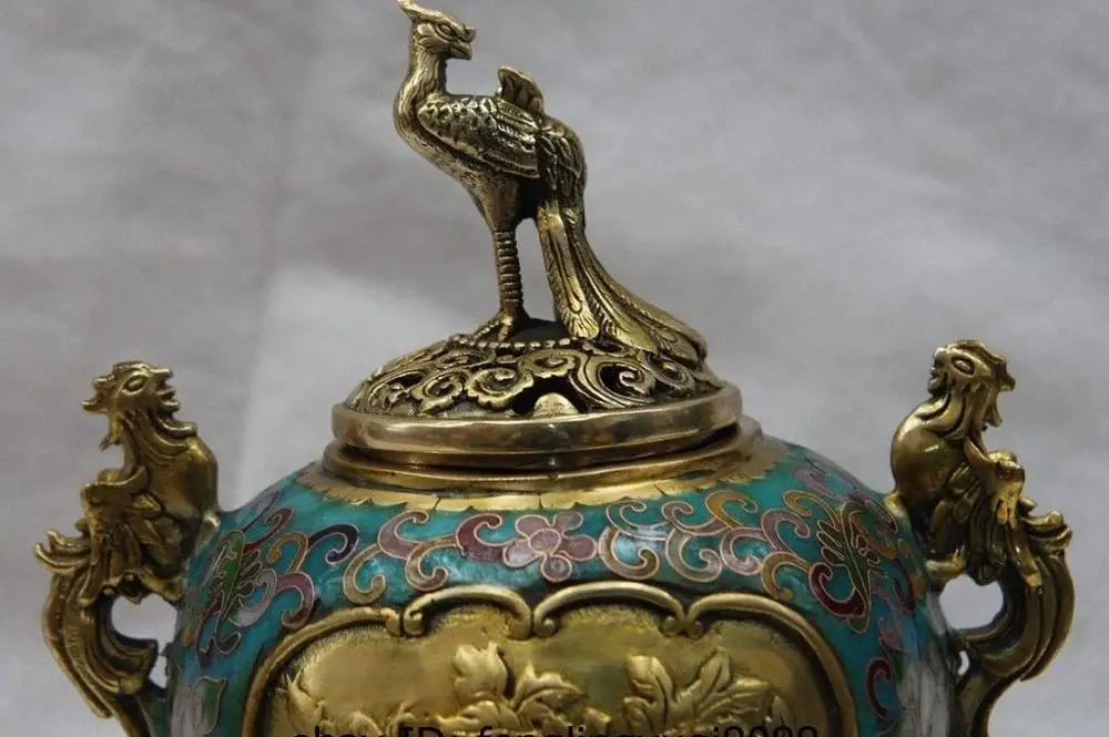 9 Китай Бронза Медь cloisonne феникс птица Foo Собака Лев курильница | Дом и сад