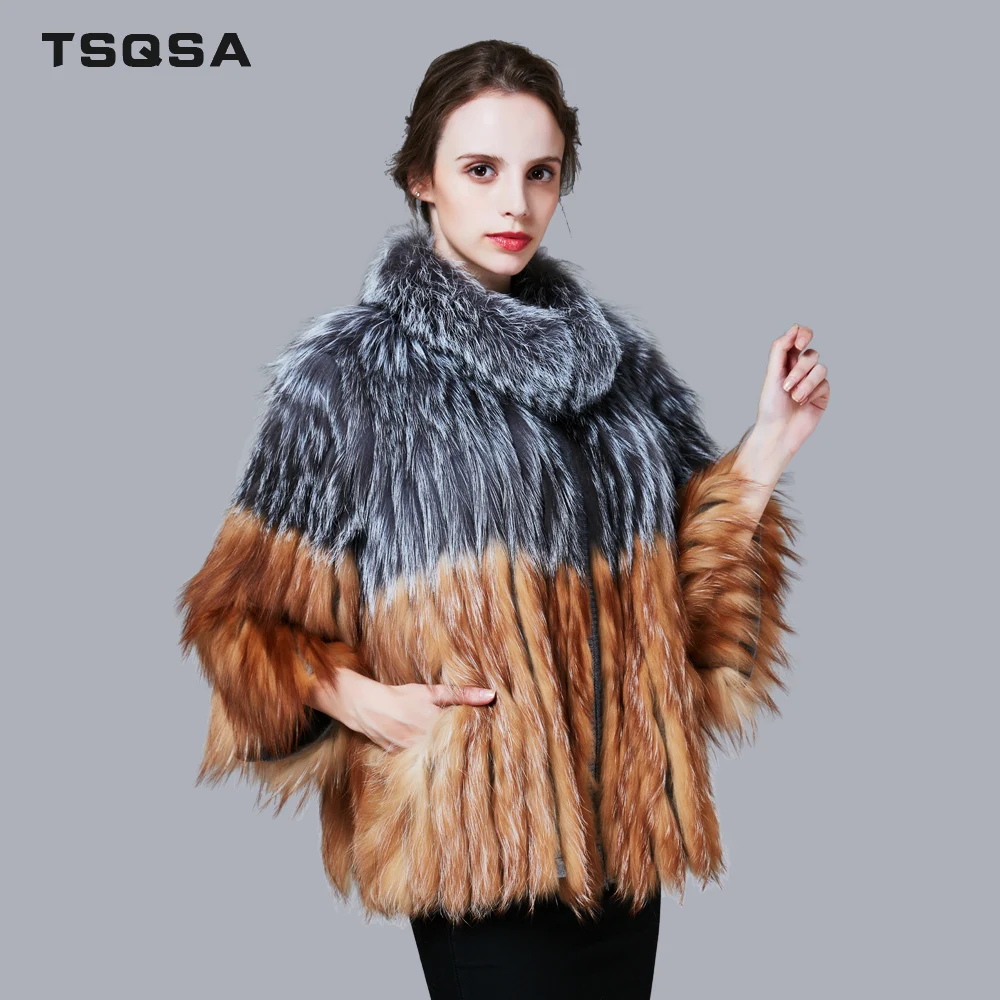 TSQSA Настоящее Silver Fox Шубы Женщин Качество Натурального Лоскутного Меха Тонкий