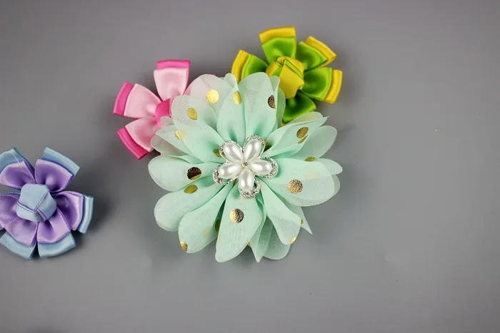 24 шт./лот цветок с оборками в виде лепестков жемчугом по центру цветы из шифоновой