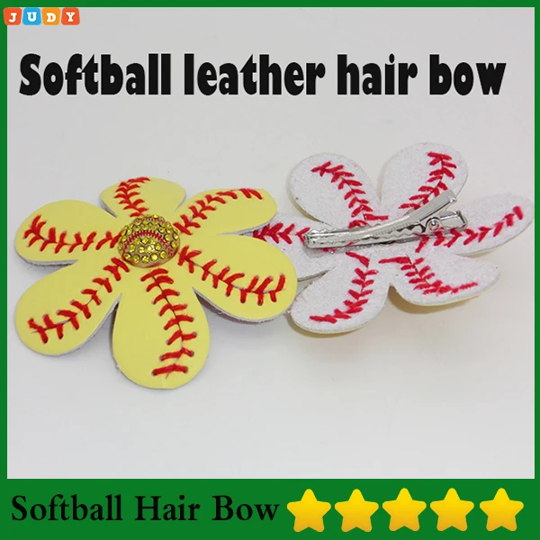 New Arrival Softball Flower clips Leather Seamed Bows With Rhinestone Clip Pin Baseball | Спорт и развлечения