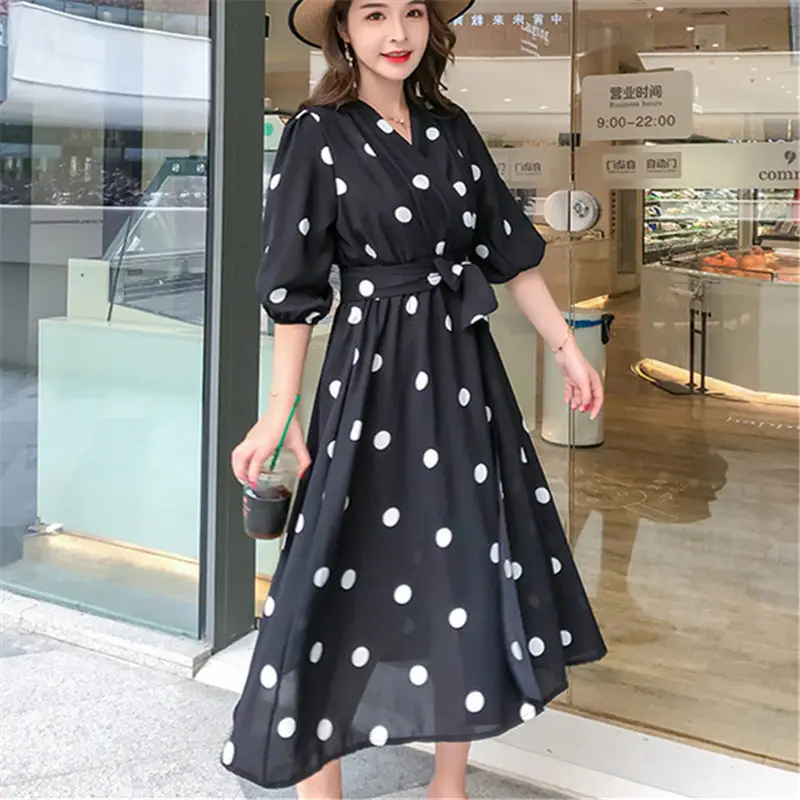 Модные Корея Новый Boho Черный шифон пляжное платье Для женщин 2019 лето волна точка