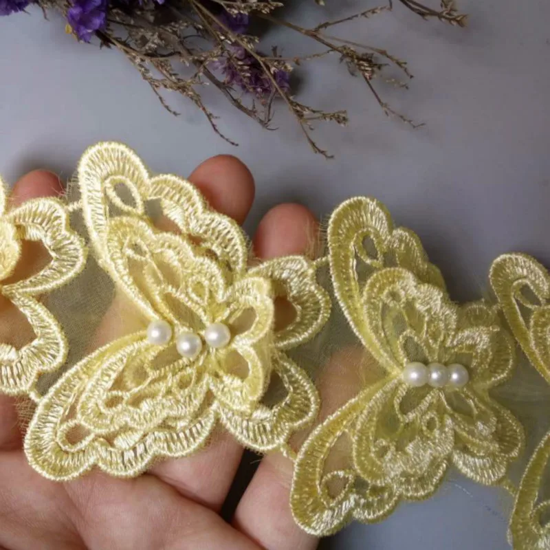 10x Yellow Butterfly Pearl Embroidered Lace Trim Ribbon Fabric Handmade DIY Sewing Craft For Costume Hat Shoes Decoration | Дом и сад