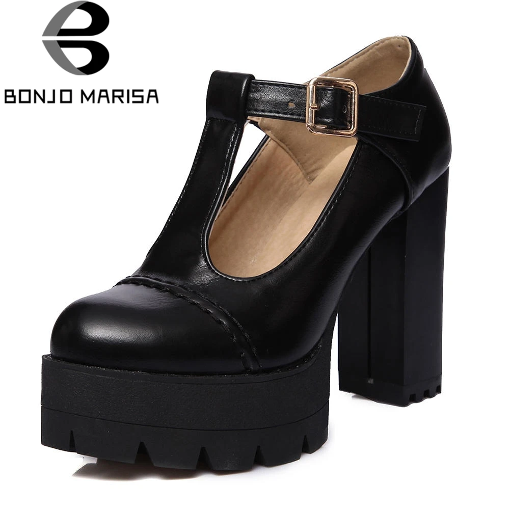 

BONJOMARISA New Solid T-Strap Square High Heels Platform Shoes For Women Casual Autumn Pumps Black Big Size 34-43