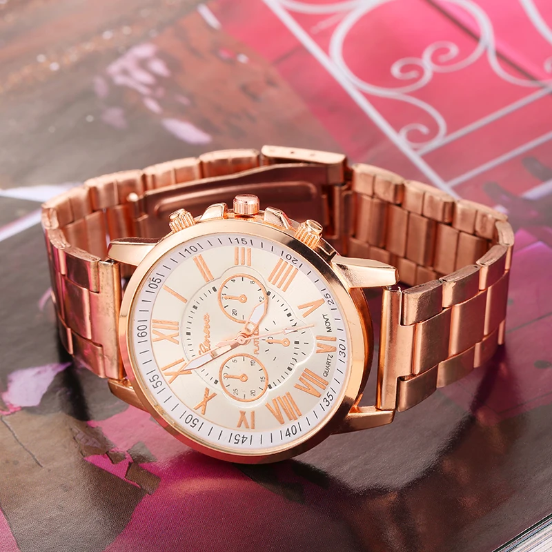 Новые женские часы Geneva Модные кварцевые из нержавеющей стали с циферблатом и