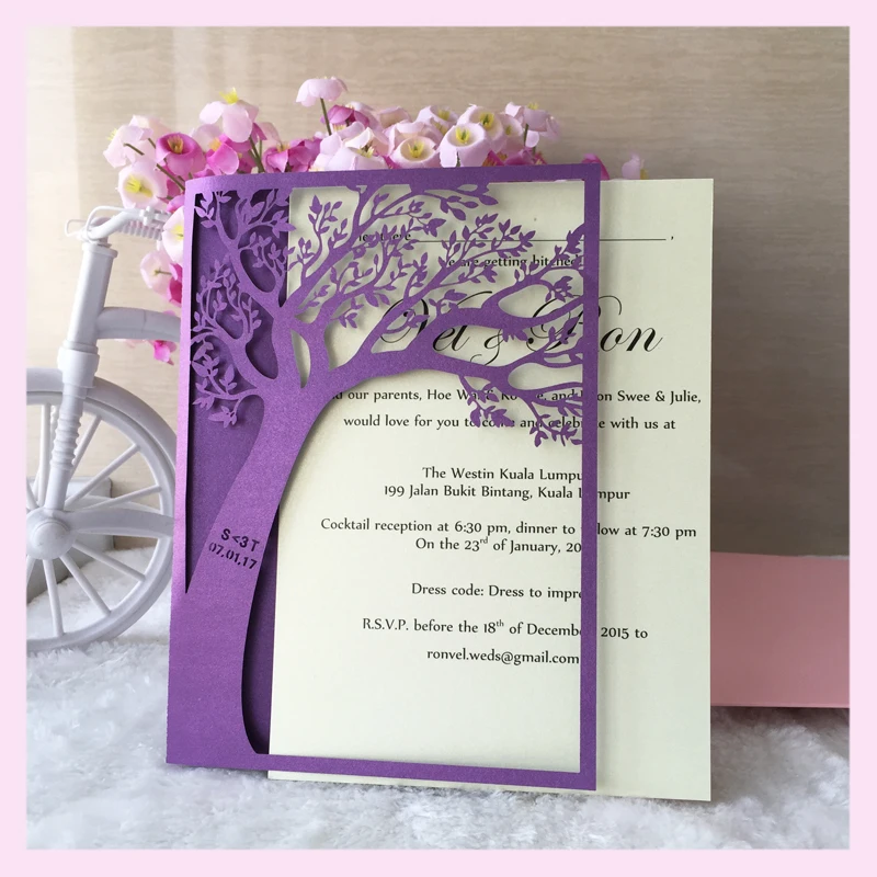 100 шт./компл. свадебные приглашения с лазерной резкой в виде дерева праздничные