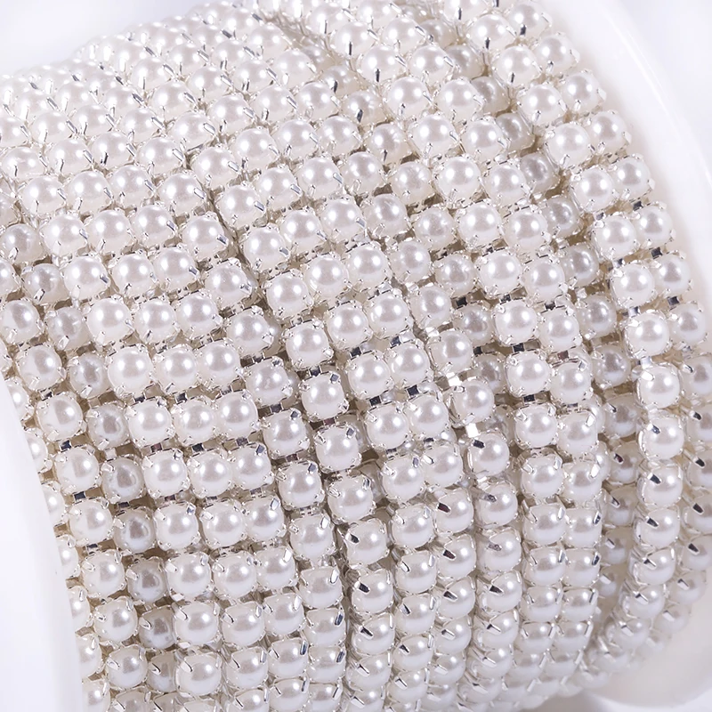 

New Arrivals 10yards/roll ABS Pearl Chain SS6 SS12 (2mm-3mm) Silver Base Cup Pearl Chain Apparel Sewing diy Beauty Accessories