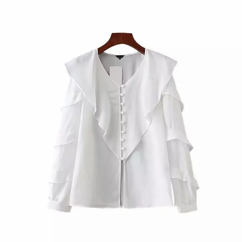 2019 autumn vintage v neck candy colors chiffon shirt female long sleeve chic ruffles Blouses high street Feminine Tops |