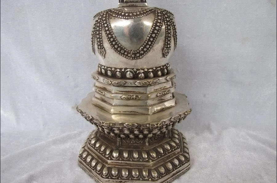 14&quotTibet Silver carved Buddhism Classic Temple Pagoda Stupa statue | Дом и сад