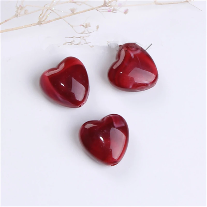 

Hot Heart Style Acrylic Beads For Jewelry DIY Findings Wine Red Color Marble Effect Handmade Necklace Earrings Component, 10 PCs