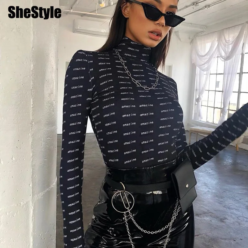 Женское боди с высоким воротом shstyle черное элегантное базовое длинным рукавом и
