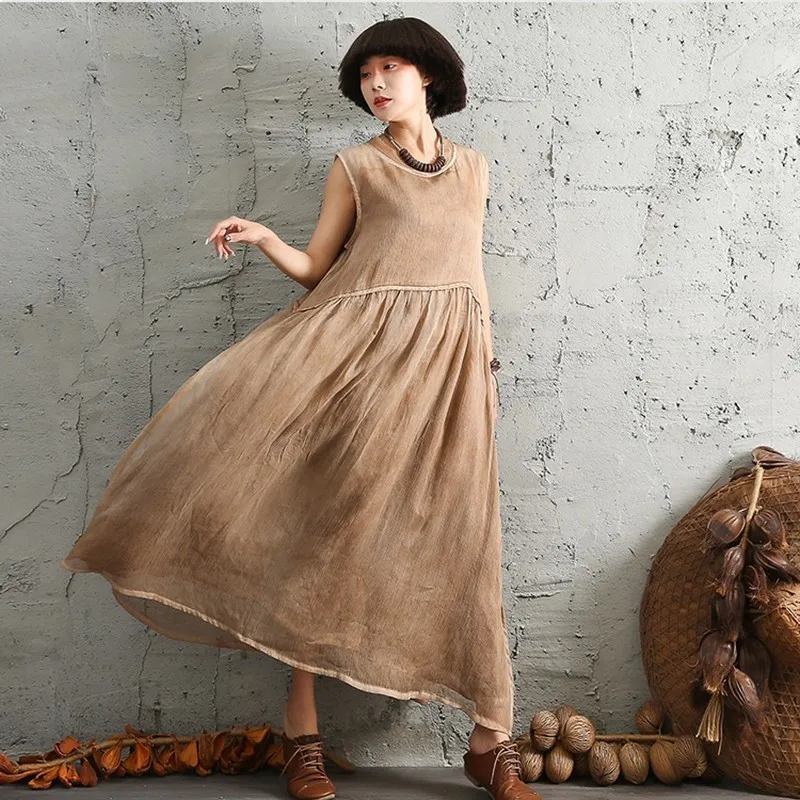 Платье макси летнее хлопково льняное без рукавов большого размера|casual long dress|long