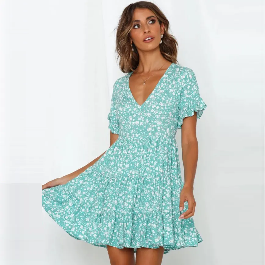 2019 European and American style women's sexy V-neck Short sleeve print dress | Женская одежда