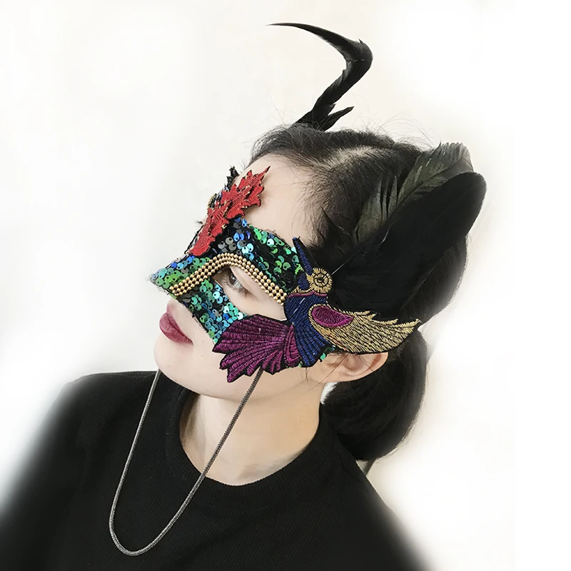 

Lady Paillettes Sexy Lace Mask Appeal High-end Embroidery Lace Exaggerated Masks Adult Venice Feather Colorful Party Mask