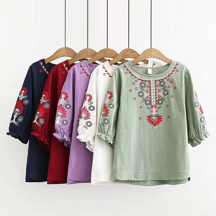 Plus Size Summer Short Sleeve O-Neck Ethnic Boho Blouses Women 2019 Embroidery Floral Hippie Ladies Tops Blusas Mujer 5 Colors