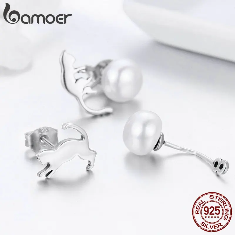 BAMOER, Настоящее серебро 925 пробы, милый кот, хвост киски, изысканные серьги-гвоздики для женщин, Стерлинговое Серебро, ювелирное изделие SCE364