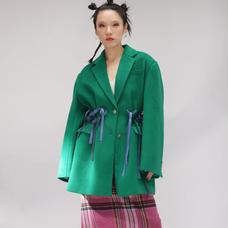 

2019 Autumn and winter women's loose bow ribbon decorative folds green waist woolen blazer Parkas Tide blazer feminino blazers