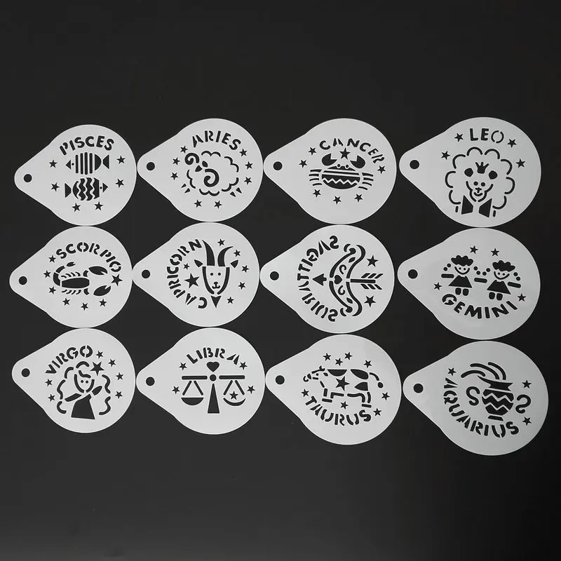 

2.8 Inch 12pcs/set Cartoon Constellation Coffee Stencil Template Cappuccino Latte Art Plastic Printing Mold Barista Tools