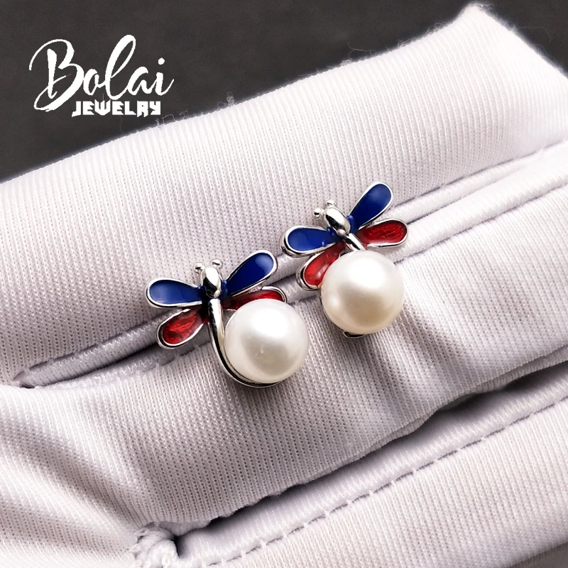 Bolaijewelry, жемчужные серьги-гвоздики круглый 7,0 мм Стрекоза простой дизайн 925 стерлингового серебра ювелирные украшения для девочек подарок на день рождения