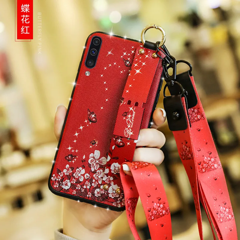Ювелирное силиконовый чехол для samsung Galaxy A50 A30 A10 наручный браслет с цветами шнурки