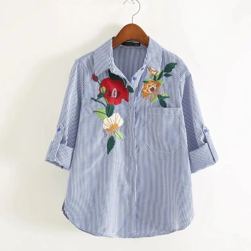 2017 женское винтажное офисное одежда в полоску с карманами повседневные блузки