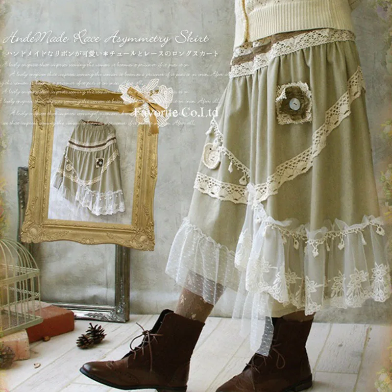 

Harajuku Mori Girl Vintage Skirt Women Clothing Loose Patchwork Floral Lace Laye Retro Asymmetrical Ruffles Kawaii Skirts A055