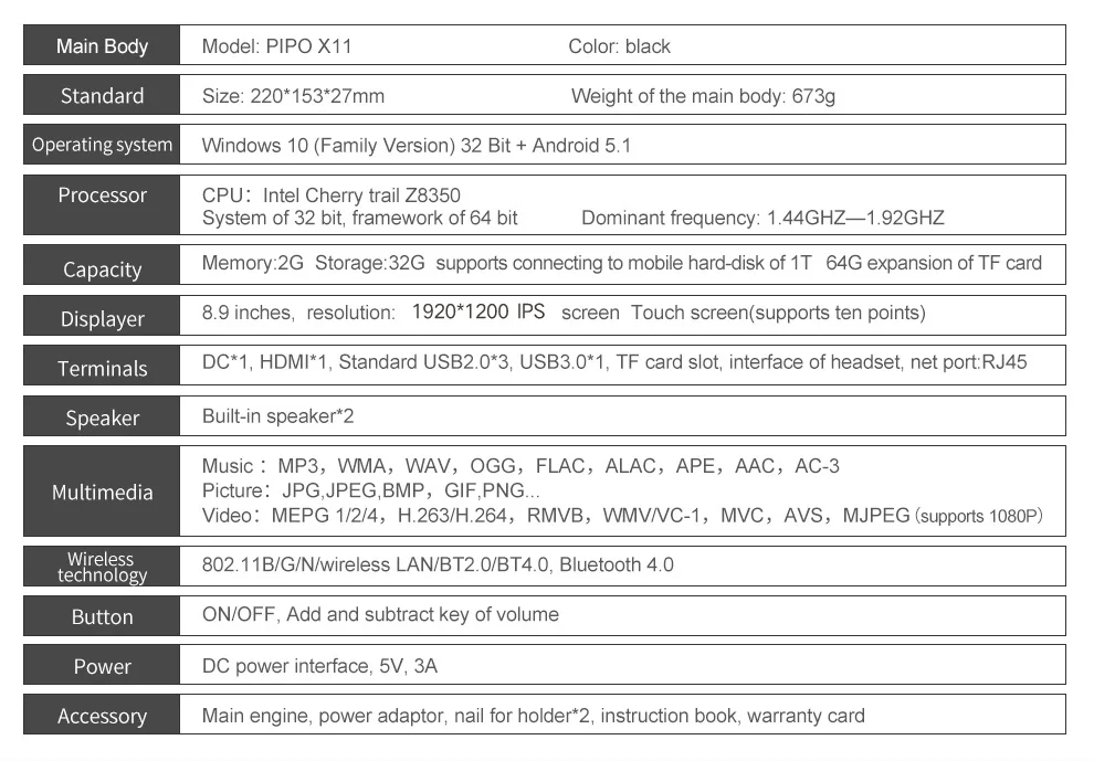 8,9 дюймов 1920*1200 экран Pipo X11 Мини ПК Windows 10 планшетный ПК Z8350 2 Гб ОЗУ 32 Гб ПЗУ ТВ коробка BT4.0 HDMI Wifi мини настольный