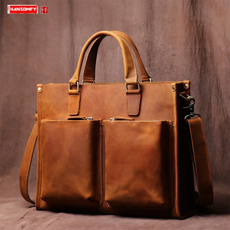 Retro Leather 14 Inch Laptop bag Men's Handbag Cross Section Men Briefcase Computer Bag Male Shoulder Messenger Bag Travel Bags