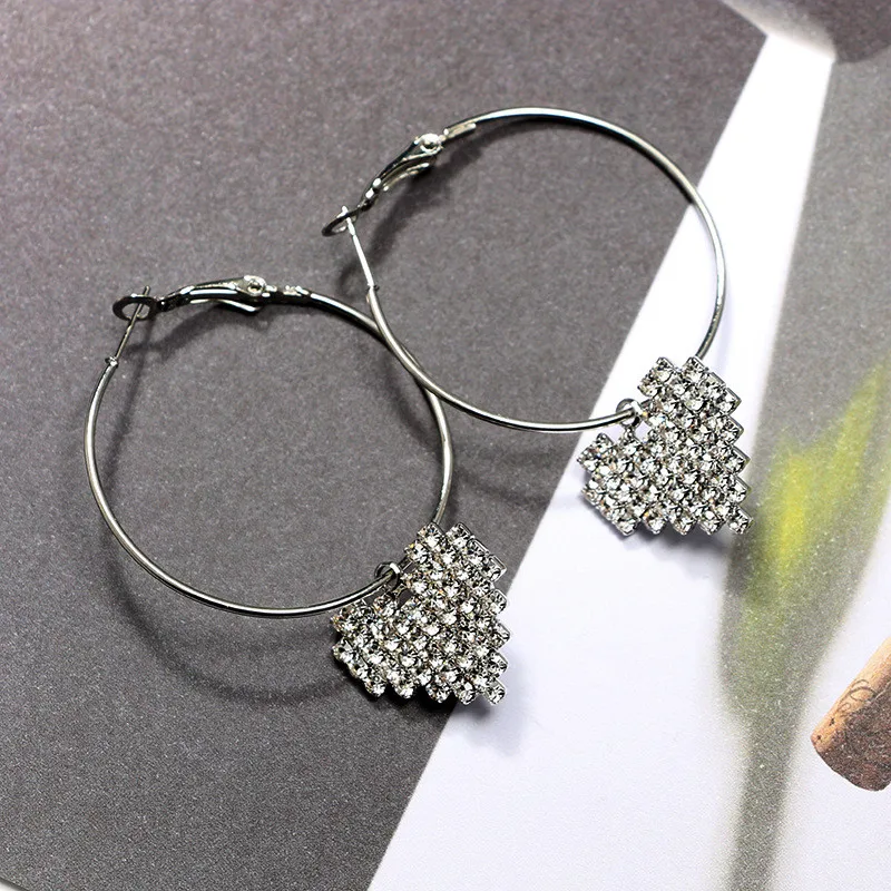 New European and American Style Fashion Simple Personality Alloy Large Circle Mosaic Crystal Heart Earrings for Women | Украшения и