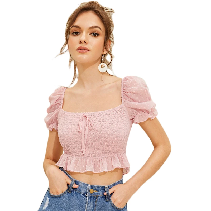 SHEIN Boho Сексуальный розовый Швейцарский горошек гофрированный подол гофрированный укороченный Топ Блузка с пышными рукавами женские летние облегающие милые топы и блузки