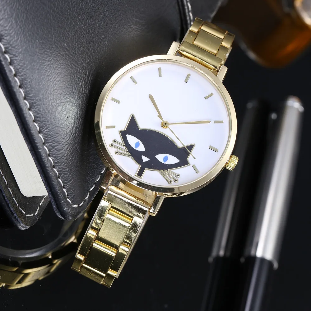 2018 высокое качество Нержавеющая сталь милый кот часы Повседневное Модные